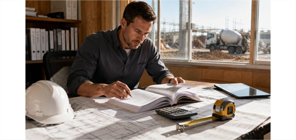 Engineer at a job site trailer desk reviewing construction code books and blueprints, with a hardhat, tape measure, calculator, and tablet on the table, concrete mixer truck visible outside the window