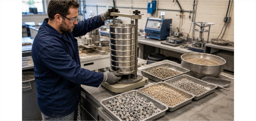 Lab technician using a stacked sieve shaker to test particle size distribution of sand and gravel aggregate samples