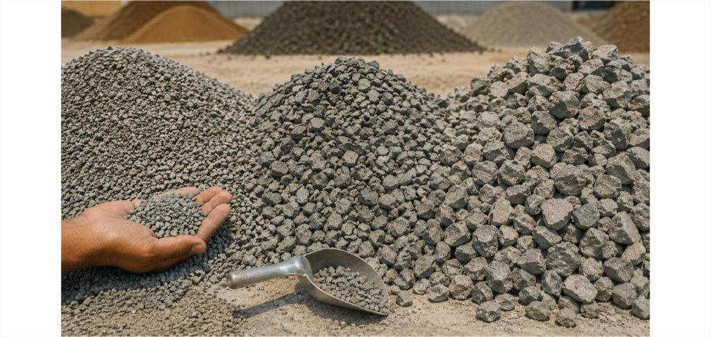 Close-up comparison of three piles of crushed stone coarse aggregate in different sizes at a construction material yard, with a hand and metal scoop showing scale