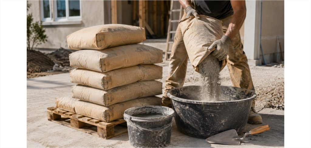 Worker pouring a bag of pre-mixed concrete into a mixing tub next to a stack of bags on a pallet, with a bucket of water and trowel nearby on a job site