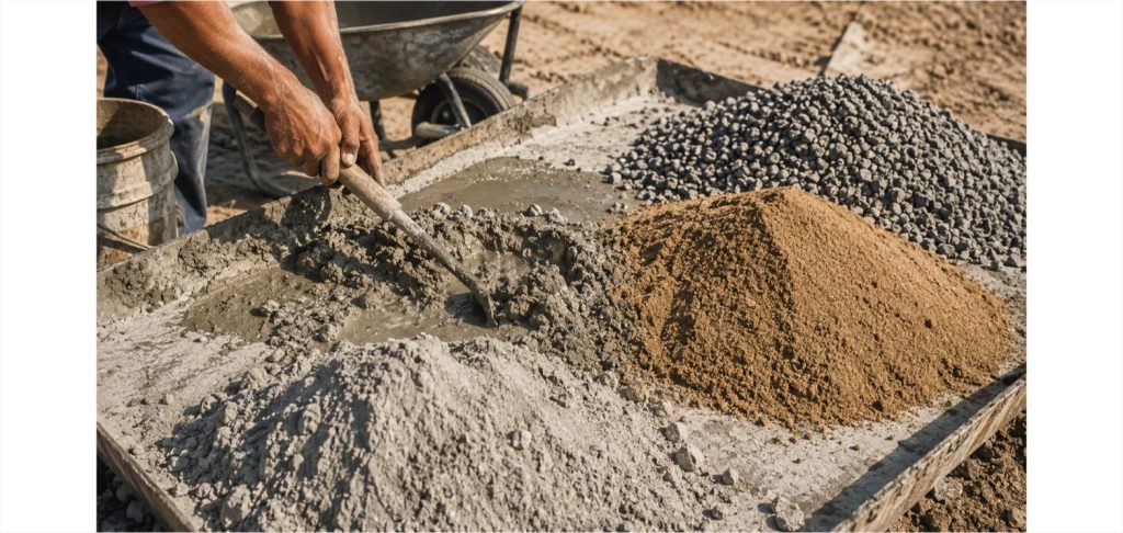 Worker mixing concrete by hand with a shovel, with separate piles of cement powder, sand, and gravel aggregate ready to be combined at a construction site