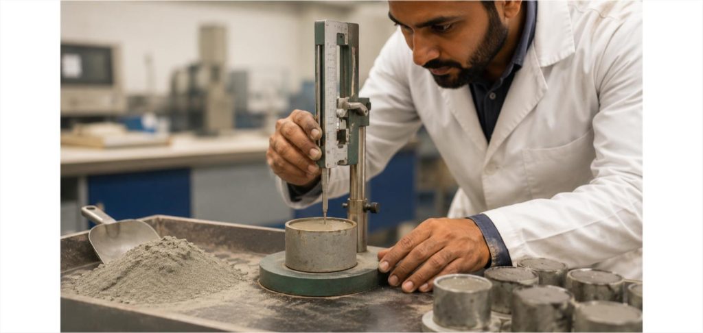 Lab technician using a Vicat needle apparatus to test cement paste setting time, with cement powder and sample molds on the bench