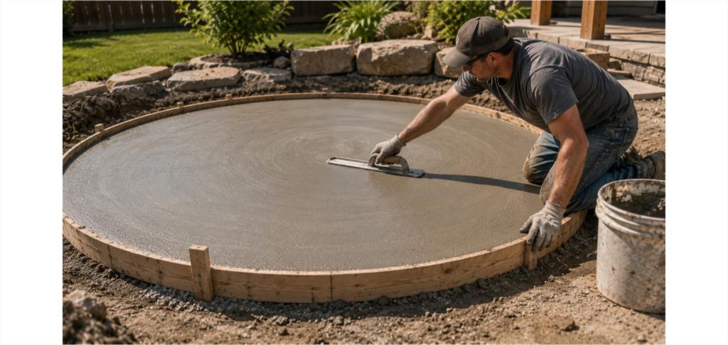 Worker finishing a freshly poured round concrete slab with a trowel, circular wooden form still in place, used for a fire pit pad or circular patio base
