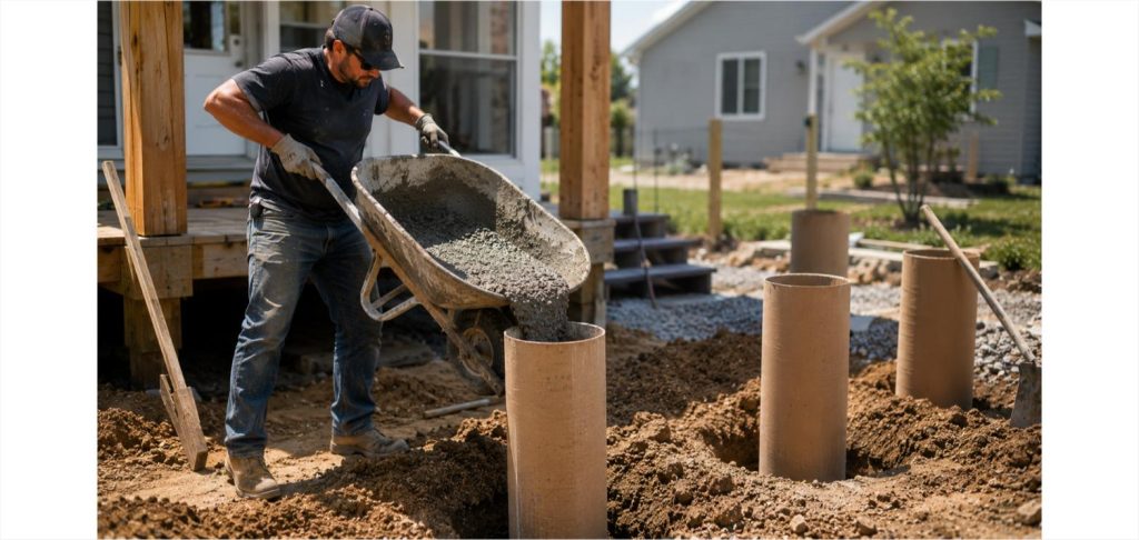 Worker pouring concrete from a wheelbarrow into a cardboard sonotube form for a deck support column, with several other sonotubes standing nearby at a residential job site