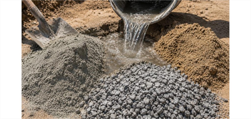 Close-up of raw concrete ingredients: piles of gray cement powder, sand, and gravel with water being poured in, on a job site