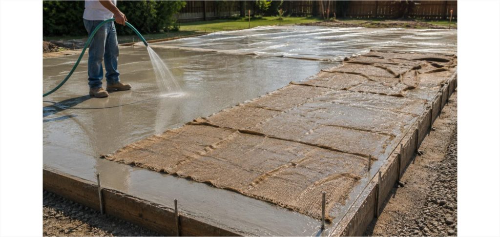 Worker watering a freshly poured concrete slab with a hose, partially covered with damp burlap to help it cure properly