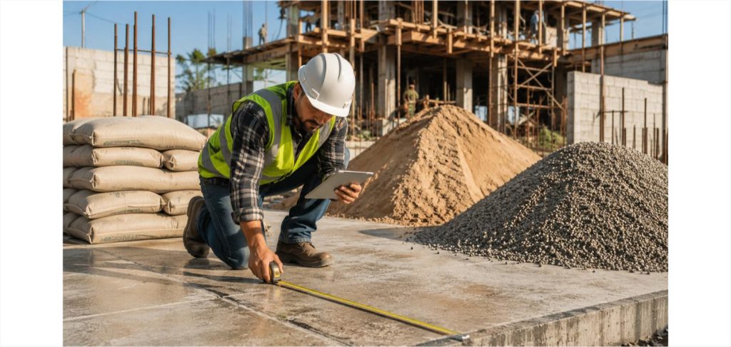 Construction worker measuring a concrete slab area with a tape measure while checking calculations on a tablet, with cement bags, a sand pile, and a gravel pile nearby