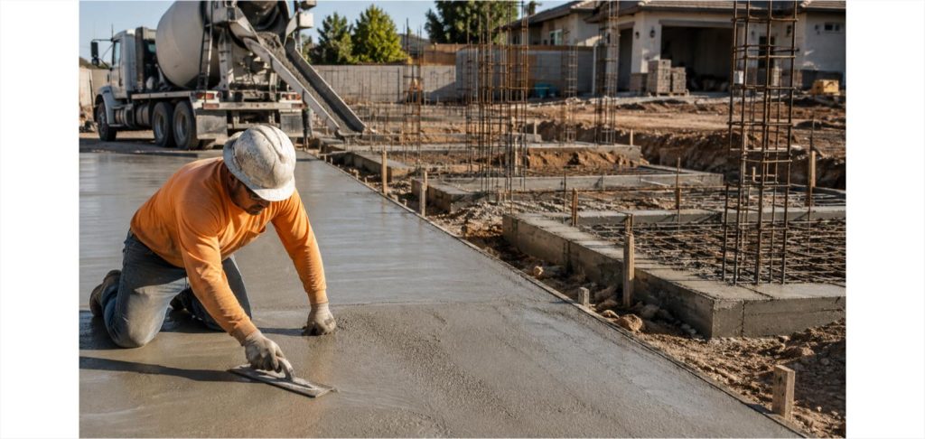 Contractor hand-troweling a freshly poured concrete driveway slab, with rebar-reinforced footings and a concrete truck in the background