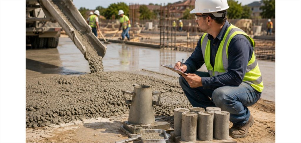 Quality control inspector kneeling beside a fresh concrete pour, recording notes on a clipboard next to a slump cone and sample cylinders