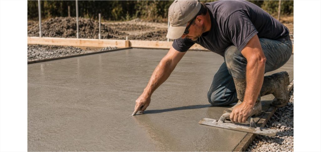 Construction worker crouching beside a freshly poured concrete slab, pressing a trowel tip into the surface to test whether it has set enough to finish