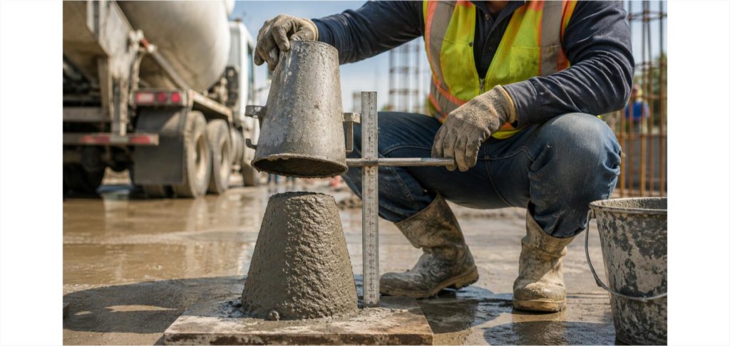 Construction worker lifting a metal slump cone away from fresh concrete to measure how much it has settled, with a ruler beside it