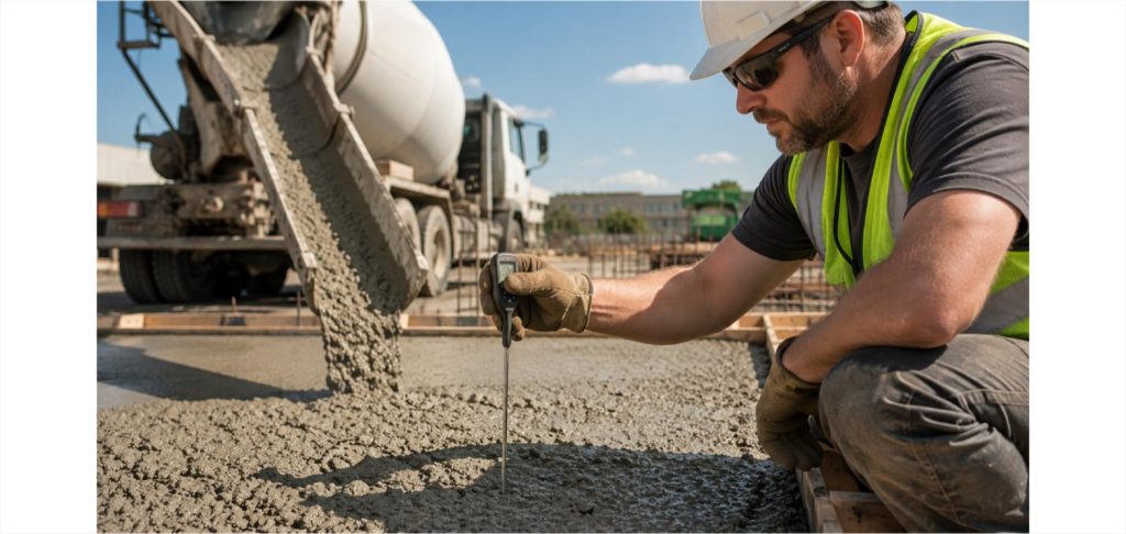 Construction worker checking the temperature of freshly poured concrete with a probe thermometer as a concrete truck pours in the background