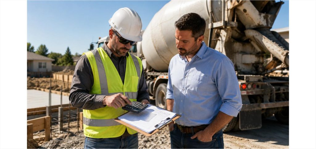 Contractor in a safety vest and hardhat reviewing a cost estimate on a clipboard with a calculator, discussing pricing with a client next to a ready-mix concrete delivery truck on a job site