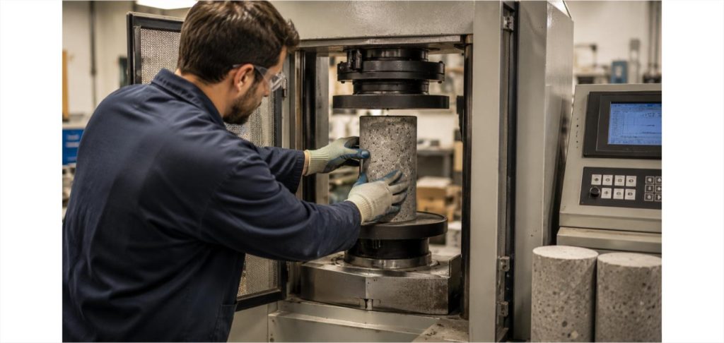 Lab technician placing a cylindrical concrete sample into a hydraulic compression testing machine to measure crushing strength