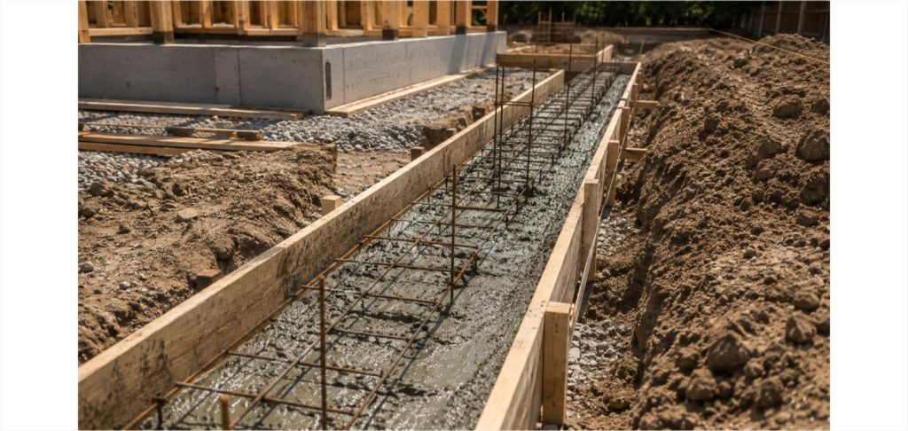 Freshly poured concrete footing trench with rebar reinforcement visible and wooden form boards along the edges, at a residential foundation construction site