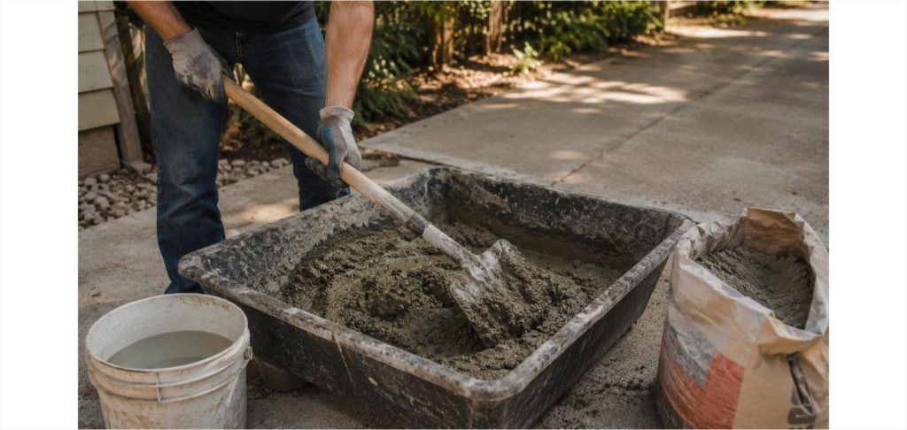 Person mixing bagged concrete by hand with a hoe in a mixing tub, with a bucket of water and a bag of concrete mix nearby in a driveway
