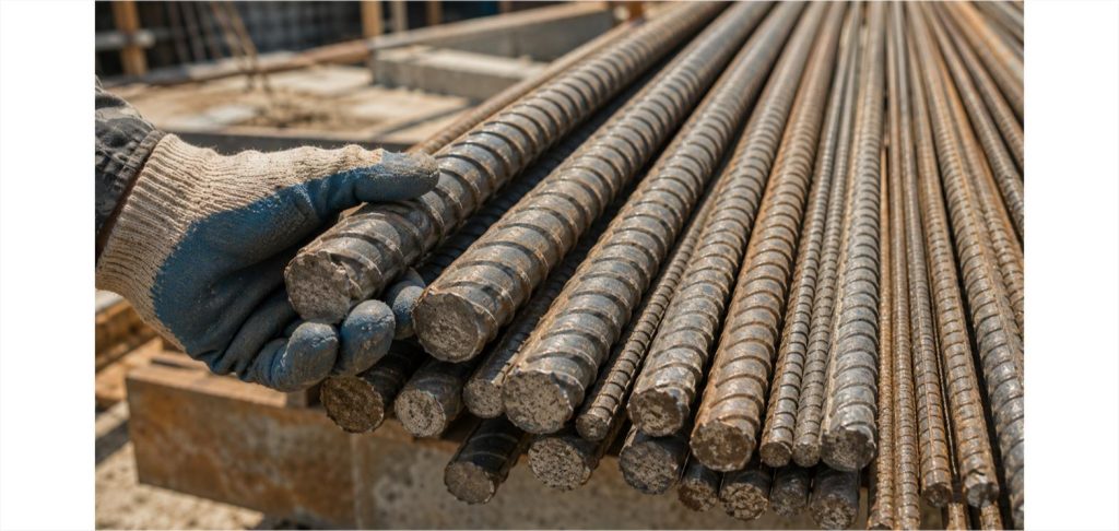Construction worker's gloved hand holding a bundle of steel reinforcement rebar of different diameters at a job site