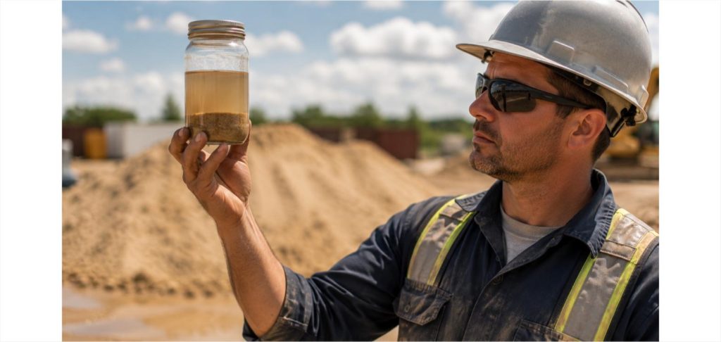 Construction worker holding up a clear jar of sand and water performing a silt content settling test at a job site