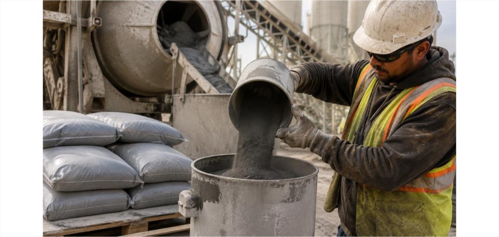 Worker at a concrete batching plant pouring fine dark gray silica fume powder additive into a mixing container, with bagged material nearby