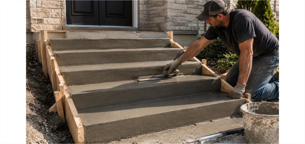 Worker finishing freshly poured concrete outdoor steps with a trowel, wooden form boards still in place along the sides, leading up to a porch entry door