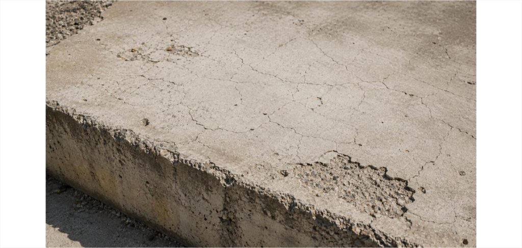 Close-up of a weak concrete slab edge showing hairline surface cracking (crazing) and spalling with exposed aggregate, a sign of poor mix or curing quality